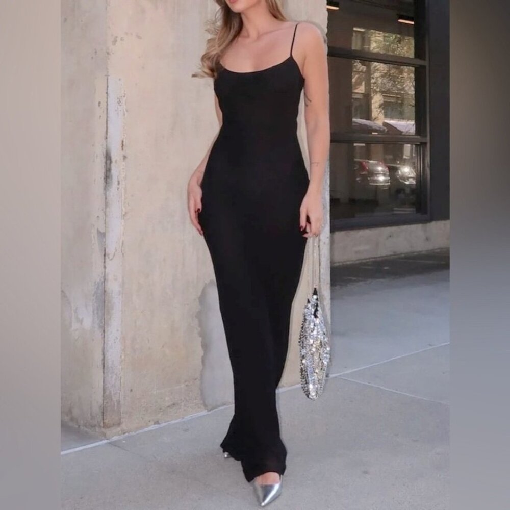 Rumored size M Vintage Slip Maxi Dress Black Medium Retro Crepe Glam M
